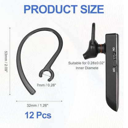 12 Pcs Replacement Ear Hooks 7mm/0.28", Black Soft PC | Universal Small Ear Loop Clips Anti-Slip Earbuds Replacement for Single-Ear Bluetooth Headset - size: 7mm/0.28"