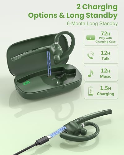 Bluetooth Headset,72H Work Single-Ear Wireless Earpiece for Cell Phone Call | 2 Charging Ways & 500mAh Charging Case,Dual Mic ENC Noise Cancel, Mute Button,V5.1 Hands-Free for Phone and Laptop - color: Solid army green, style: M54