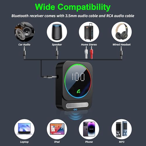 Bluetooth 5.3 Receiver for Car, Wireless Audio Adapter for Car/Home Stereo/Wired Headphones/Speaker, Bluetooth Aux Adapter, Dual AUX Outputs, RCA AUX 3.5mm Music Receiver - color: Black