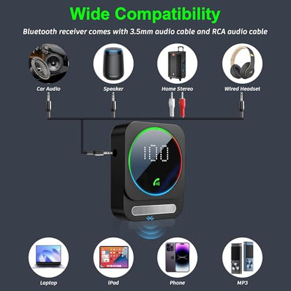 Bluetooth 5.3 Receiver for Car, Wireless Audio Adapter for Car/Home Stereo/Wired Headphones/Speaker, Bluetooth Aux Adapter, Dual AUX Outputs, RCA AUX 3.5mm Music Receiver - color: Black