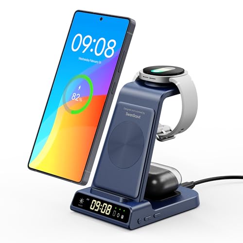 Wireless Charger for Samsung S26 Ultra, Galaxy Watch 9/Ultra 2/8/Buds4 Pro | for Samsung S26+/S25 Ultra/S25/Z Flip8/S24/S23/S22, Galaxy Watch 8/Ultra/7/6/5, Galaxy Buds4 Pro, Space-saving, LED Clock - color: Blue