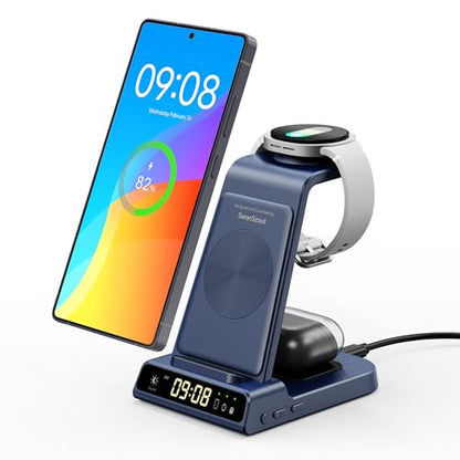 Wireless Charger for Samsung S26 Ultra, Galaxy Watch 9/Ultra 2/8/Buds4 Pro | for Samsung S26+/S25 Ultra/S25/Z Flip8/S24/S23/S22, Galaxy Watch 8/Ultra/7/6/5, Galaxy Buds4 Pro, Space-saving, LED Clock - color: Blue