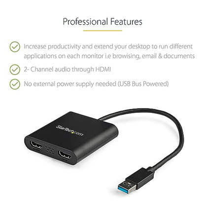 StarTech USB-A 3.0 to Dual HDMI Adapter, 4K 30Hz + 1080p 60Hz, Windows only | USB 5Gbps to 2x HDMI external graphics, 1x 4K 30Hz + 1x 1080p 60Hz, Extend or mirror - style: Windows Only