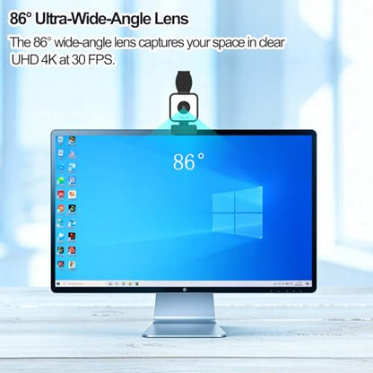 4K USB Webcam with Dual Microphones, 9X Hybrid Zoom | Auto Light Correction, 86° Wide Angle for Video Conferencing, Live Streaming, Remote Work, Compatible with PC Desktop Laptop