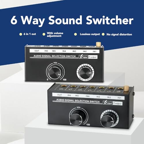 6 Way Sound Switcher, 6 Input 1 Output Sound Switcher Volume Control 3.5mm 6.35mm Sound Signal Selector