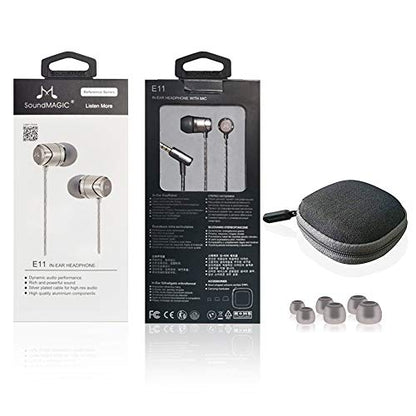 SoundMAGIC E11 Wired Earbuds, No Mic, Hi-Fi Stereo, 3.5mm Jack, Gunmetal | Balanced accurate sound, rich bass, full aluminium housing, silver-plated cable, comfortable fit - color: Dark Silver
