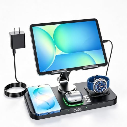 6 in 1 Charging Station for Samsung Multiple Devices, Foldable Wired Charging Stand for iPad/Tab with Clock & Light, Charger for S26/S25 Ultra/Z Fold 7 & Buds, Only for Galaxy Watch(Black) - color: Pure Black