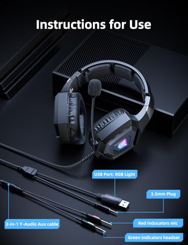 Gaming Headset with Microphone, Gaming Headphones Compatible for PS4 PS5 Xbox PC with RGB Lights, PlayStation Headset with Noise Reduction 7.1 Surround Sound Over-Ear and Wired 3.5mm Jack (Black) - color: Black