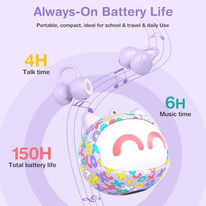 QearFun Kids Cat Open Ear Earbuds with Rotatable Case, 85dB Safe Volume | Kid Clip On Earbuds with Mic, Wireless Bluetooth Headphones, 30+H Playtime, Waterpoof, Anti-Lost Lanyard, Travel School Gift - color: Purple Earbuds