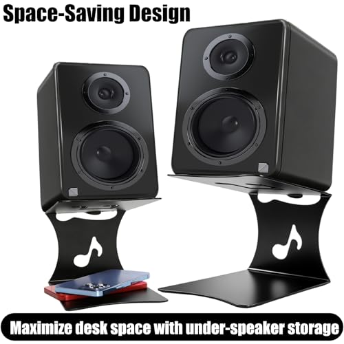 2 Pack Desktop Speaker Stands with Vibration Absorption Pads, Metal Bookshelf Speaker Riser Pair Support Up to 8 lbs Each, Desk Audio Stand, Studio Monitor Stand for Computer Speakers, Black