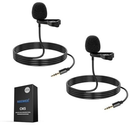 NEEWER 2 Pack Lavalier Lapel Microphone Compatible with DJI Wireless Mic Transmitters Rode Wireless GO II 2, Omnidirectional Condenser Wired Clip On Lav Mics for Stage YouTube Live Streaming, CM5 | Compatible with DJI Wireless Mic Transmitters Rode GO II