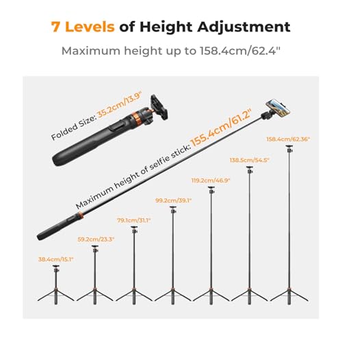 K&F CONCEPT 62'' Phone Selfie Stick Tripod | 360° Ball Head Camera Tripod with Remote, 2-in-1 Phone Holder Compatible with DJI Osmo Pocket 4/3 Insta360 Luna Ultra. MS08 - color: Black
