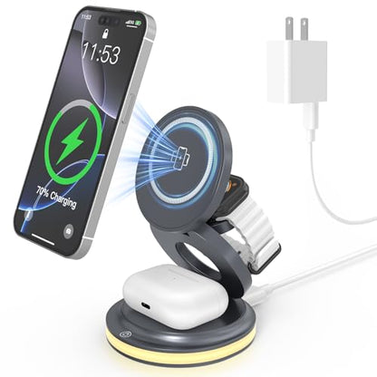 ZealSound 3-in-1 Foldable Magnetic Wireless Charger Stand, 15W Fast Charging Station with 30W Adapter and Warm Night Light for iPhone 17/16/15/14/13/12, Apple Watch & AirPods, for Home Office & Travel - color: Grey