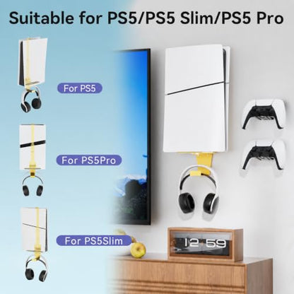 Wall Mount for PlayStation 5 Console | Heavy-Duty Steel, 2 Controller Holder, Headset Holder, Protection & Cooling - color: Sparkle Gold