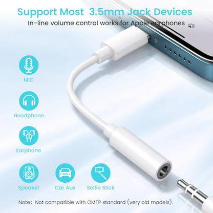 [Apple MFi Certified] 2 Pack Lightning to 3.5mm Headphone Jack Adapter for iPhone Aux Adapter Converter Dongle Audio Cable for Apple iPad/iPhone 14/13/12/11/X/XS - with Microphone