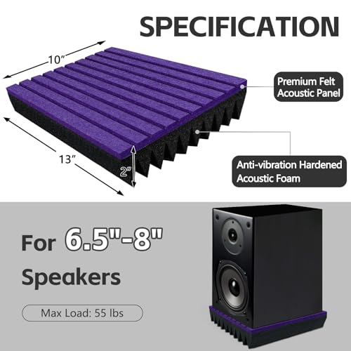 TroyStudio Speaker Isolation Pads, 2 Pack Subwoofer Wedge for 6.5"-8" Studio Monitor Pair, Thick Acoustic Foam Felt Riser Mat, Bass Speaker Feet Improve Sound Clarity for Desktop, Home Theater - size: L