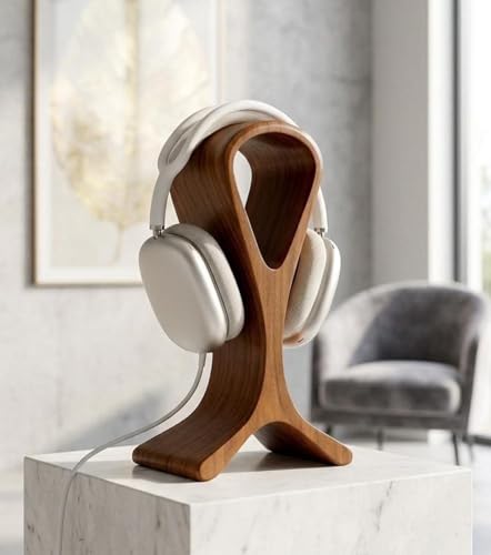 Wooden Headphone Stand for Desk – Premium Walnut Wood Headset Holder Compatible with AirPods Max, Gaming Headphones & Studio Headsets – Modern Desk Organizer & Headphone Display Stand
