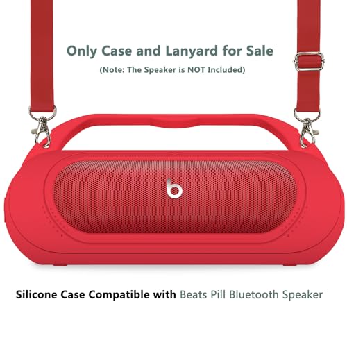 Silicone Cover Case for Beats Pill 2024 Wireless Bluetooth Speaker | Protective Stand Holder for Beats Pill Bluetooth Speaker Accessories With Should Strap (Black Case) - color: Red Case