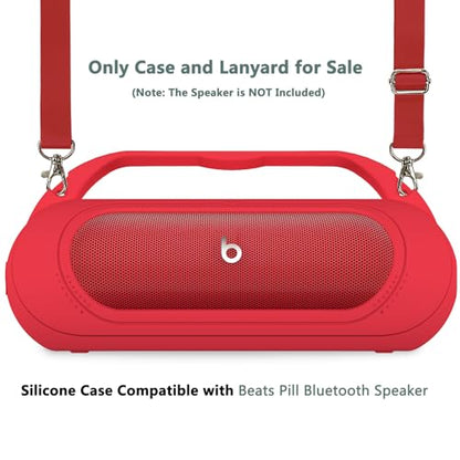 Silicone Cover Case for Beats Pill 2024 Wireless Bluetooth Speaker | Protective Stand Holder for Beats Pill Bluetooth Speaker Accessories With Should Strap (Black Case) - color: Red Case