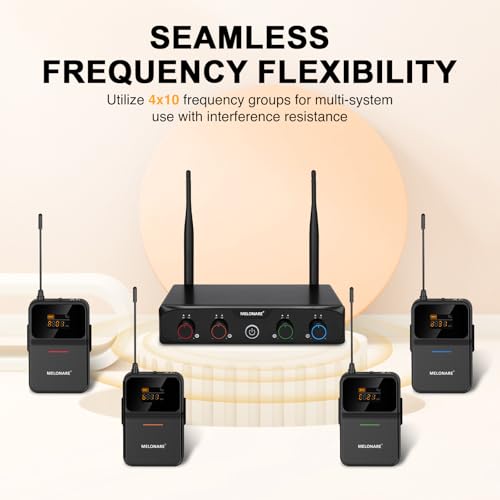 MELONARE Compact 4-Channel UHF Wireless Microphone System MWM-41-4B | 4 Headset/Lapel Microphones, 4 x 10 Frequencies, 200 ft Range, Hands-Free Vocals, Church, Conference - size: 4 Bodypack Mics