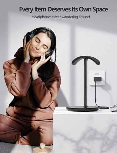 Miroddi Headphone Stand with Wireless Charger, Independent USB Charging Port, 5 in 1 Charging Station Headset Holder Rack for AirPods Max/Pro/4/3/2, iWatch, iPhone, Samsung and Desk Headphones, Black - color: Black-Upgrade
