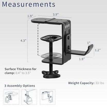 VIVO Black Clamp-on Hook for Desktop and Desk Leg Mounting, Mount-HLC1 | Steel Clip Holder for Office Accessories, Hanger for Bags, Headphones, and More, Workstation Organizer