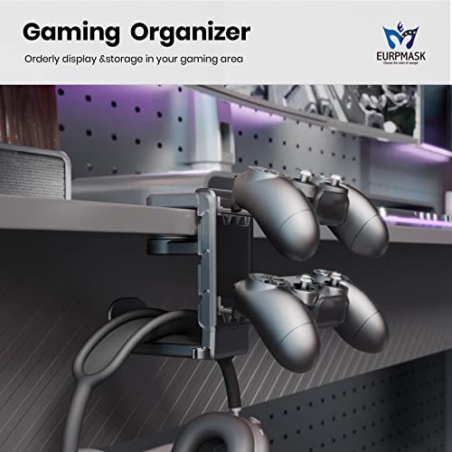 EURPMASK 3-in-1 Rotating Headphone Stand w/2 Detachable Controller Holders | Adjustable Clamp-on Headset Holder Hanger,360°Swivel,Gaming Headset Hanger,Cable Organizer,Keep Headphones Secure&Desk Tidy - color: Black Pro