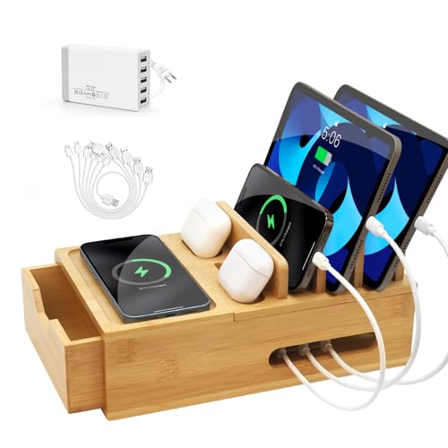 Bamboo Charging Station Organizer with Drawer & Tray, 5-Port USB Charger & 6 Cables, Magnetic Multi-Device Dock for Phones, Tablets, Smartwatches, Kindle, Home & Office