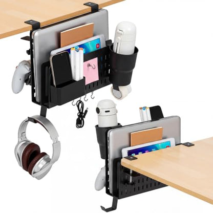 Desk Side Storage Organizer Set Fits Edge 0.2-2.2",Double,Black | No Drill Clamp on Desk Organizer with Laptop Holder Cup Holder Pen Cup Headphone Hanger and Magnetic Hooks - color: Black, style: Double