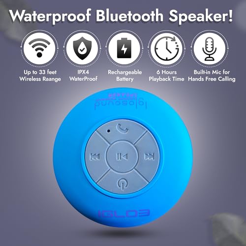 IgloSound Water Resistant HD Bluetooth 4.0 Speaker - Control Buttons and Dedicated Suction Cup for Showers or Pool - Built-in Microphone and Voice Control - Outdoor Suitable - 6hrs of Playtime (Blue)