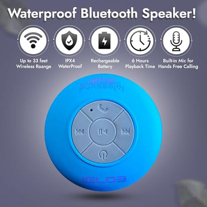 IgloSound Water Resistant HD Bluetooth 4.0 Speaker - Control Buttons and Dedicated Suction Cup for Showers or Pool - Built-in Microphone and Voice Control - Outdoor Suitable - 6hrs of Playtime (Blue)