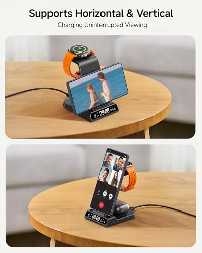 Wireless Charger for Samsung S26 Ultra, Galaxy Watch 9/Ultra 2/8/Buds4 Pro | for Samsung S26+/S25 Ultra/S25/Z Flip8/S24/S23/S22, Galaxy Watch 8/Ultra/7/6/5, Galaxy Buds4 Pro, Space-saving, LED Clock - color: Black