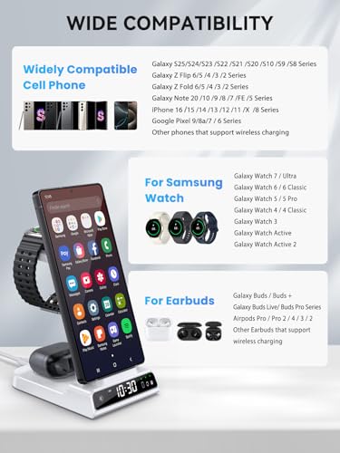 Wireless Charger for Samsung S25 with Clock 3 in 1 Android Charging Station | Charging Station for Galaxy S25 Ultra,Z Flip 7,Fold,Galaxy Bud,Watch Charger for Galaxy Watch 8,7,6,5Pro, Nightstand Charger - color: White