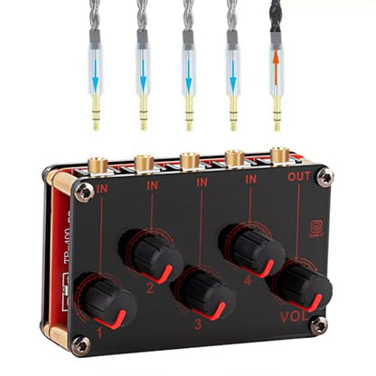 COKYIS TP400 Mini Portable Stereo 4 Channel Audio Mixer Live Studio Console Recording Low Noise Multiple Input Mix 4 Way 1/8" inch 4 in 1 Out Stereo Mixer(With USB power cord)