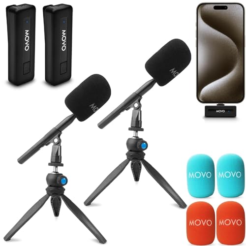 Movo Wireless Mini UC-Duo USB-C Wireless Microphone for iPhone 15/16/Android/PC/Macbook Podcast Equipment Bundle with WMX-HM Handle/Desktop Mic Stand for Podcasting, Interviews, and Content Creation - size: USB-C