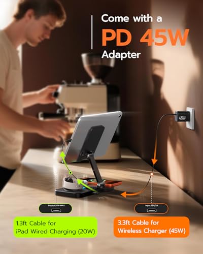 45W 6 in 1 Charging Station for Apple Multiple Devices with Clock & Light, 20W Fast Foldable Wired Charging Stand for iPad/Tab, Wireless Charger Design for MagSafe Charger for iPhone 17/iWatch/Airpods