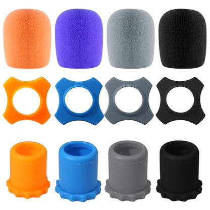 Bonsicoky 4 Set Microphone Protection Foam Mic Cover | 4 Pcs Foam Microphone Windscreen Cover, 4 Pcs Silicone Rings, 4 Pcs Bottom Rod Sleeve Holder - size: 4 Set