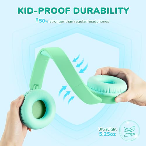 iClever BTH22 Kids Bluetooth Headphones for Toddler Travel, 60H Play Time | SafeSound Tech3.0, Stereo Sound, USB C Fast Charging, AUX Cable, Kids Wireless Headphones for Girls/Boys/Tablet/PC/School - color: Light Green