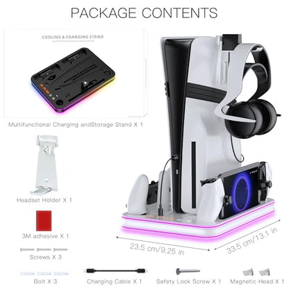 Aurassense PS5 Charging Dock, Cooling Stand with Dual Controller Charger | Compatible with PS5, PS5 Slim and PS5 Pro, featuring cooling fan, dual controller charging and headset storage - color: White