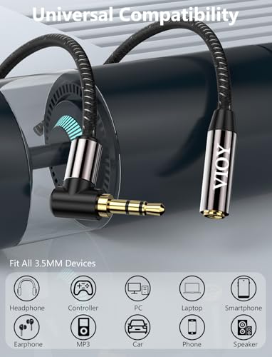 VIOY 3.5mm Male to Female Headphone Extension Cable Right Angle 2 Pack 20FT | 90 degree plug for narrow space, Hi-Fi lossless audio; extends 3.5mm TRS jack for headphones, phones, speakers and car stereo - size: 20FT+20FT