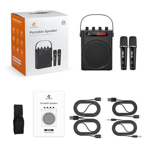 ZOWEETEK 60W Voice Amplifier with 2 Wireless Microphones | PA System, Karaoke Machine, Portable Speaker, Support TF/USB/Aux/Guitar, Rechargeable, for Speech/Class/Karaoke