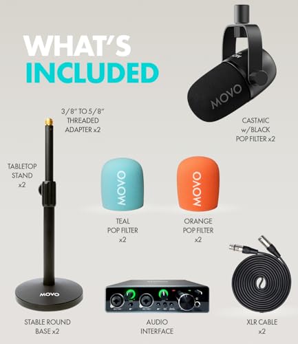 Movo Podcast Equipment Bundle for 2 with USB Audio Interface and 2 CastMic Dynamic Podcast Microphone Bundle with Mic Stands for Podcasting, Streaming, and Musicians - Podcast Kit for Computers - style: with Desk Stands