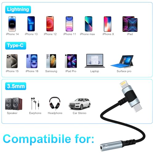 Lightning and USB C to 3.5mm Audio Adapter iphone 16 Headphone AdapterUSB-C iphone Aux adapter for Headphone Jack, Aux to USB C and Lightning Earbus Adapter for iPhone 16 15 14 13 ipad,Sanmsung, Pixel