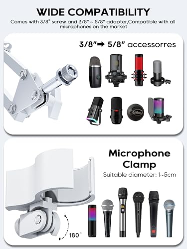Premium White Overhead Mic Boom Arm, 15.7" Extra Tall Desk Mic Stand with 25.5" Reach, All-Aluminum Heavy Duty Microphone Arm, 1.8KG Load, 360° Adjustable for Streaming, Gaming, Podcast, YouTube - color: White (Overhead)