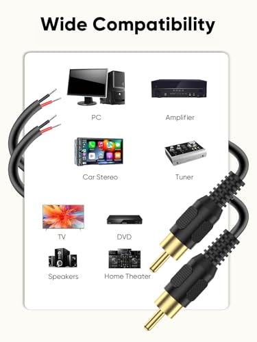 CableCreation RCA to Speaker Wire Adapter 3.3FT, 2 Bare Wire Cables to RCA | Easy to Repair, RCA Plug Repair Cord for Speaker Amplifier, Audio Video AV Receiver, TV, Subwoofer (2Pack 20AWG) - size: 3.3FT