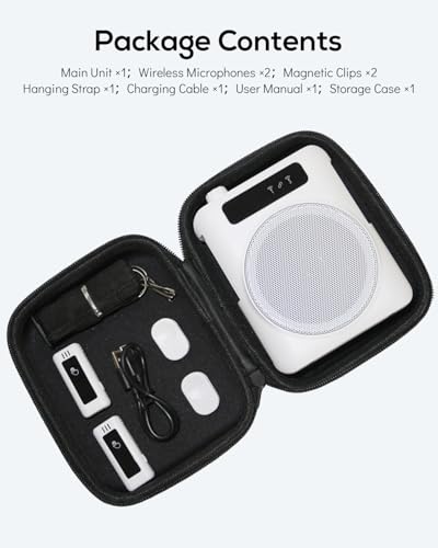 Voice Amplifier for Teachers with 2 Lavalier Wireless Microphones | Clip On Microphone with Speaker, Wireless Voice Amplifier Bluetooth Speaker and Microphone Set for Yoga Tour Guides Coaches - color: White