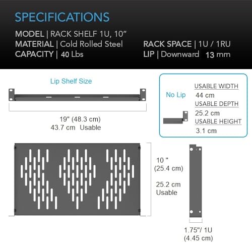 Beiyier 2PCS 1U Universal Server Rack Shelf, 10" Deep Vented Cantilever Mount Tray, for 19” Network Equipment Rack & Cabinet (Black) - size: 10“
