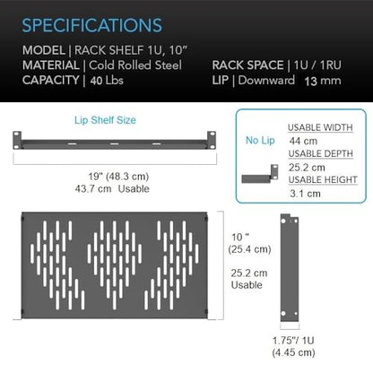 Beiyier 2PCS 1U Universal Server Rack Shelf, 10" Deep Vented Cantilever Mount Tray, for 19” Network Equipment Rack & Cabinet (Black) - size: 10“