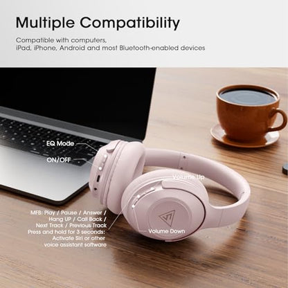 DOQAUS Bluetooth Headphones Over Ear, 70H Playtime,3 EQ Modes, with ENC Mic | 70 Hours Playtime, HiFi Stereo Sound, Deep Bass, Memory Foam Earpads, Headphones Wireless for Phone PC Travel Home Office - color: Pink