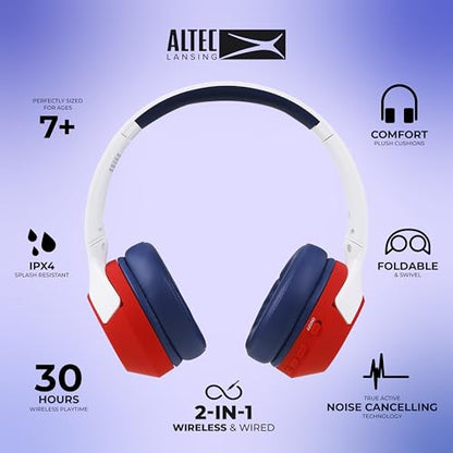 Altec Lansing Kid Safe Noise Cancelling Wireless Headphones 15H Battery, 85dB Volume Limit, Foldable Design Powerful Sound, Active Noise Cancellation Perfect for Kids Ages 7+ - color: Whiteout Bright Red